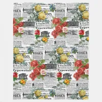 * AR23 Roses Floral Flower Vintage Newsprint Fleece Blanket