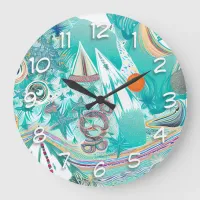 Sailboats and Sea Creatures Abstract Beachy Art Large Clock