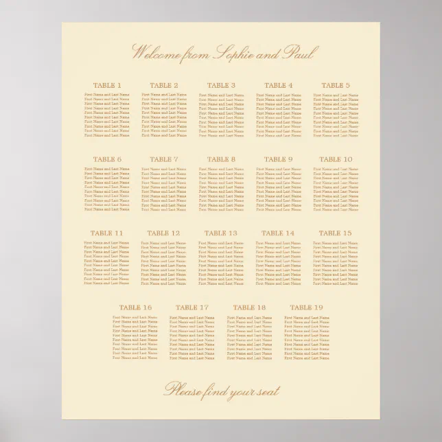 Cream Beige 19 Table Wedding Seating Chart Poster