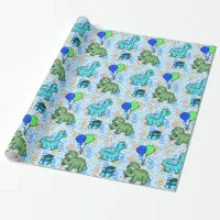 Blue and green Confetti Dinosaurs Birthday Wrapping Paper