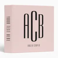 Simple Three Letter Blush and Black Monogram 3 Ring Binder