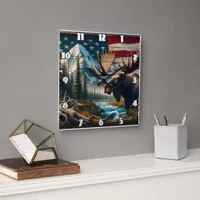 Moose Near River With Mountains and Flag Square Wall Clock