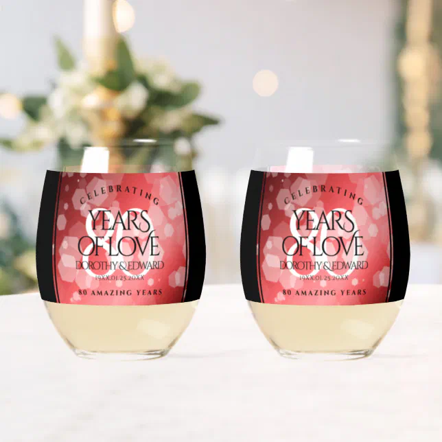 Elegant 80th Ruby Wedding Anniversary Celebration Stemless Wine Glass