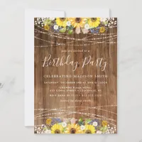 Rustic Sunflower String Lights Birthday Party Invitation