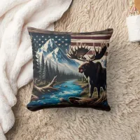 Moose by Lake With Mountain and Flag Background Throw Pillow