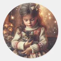 Sweet Little Girl and Kitten Christmas Classic Round Sticker