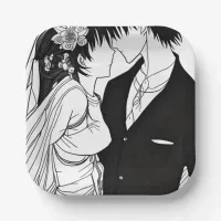 Black and White Anime Bride and Groom Wedding Paper Plates