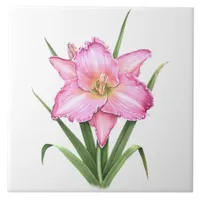 Pink Daylily Flower Botanical Art  Ceramic Tile