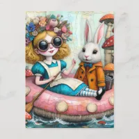 Alice and the White Rabbit encaustic collage art Postcard