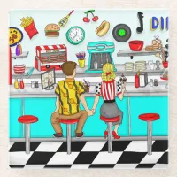 1950's Diner | Couple Holding Hands   Glass Coaster