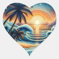 Mosaic Ai Art | Ocean Sunset and Palm Trees Heart Sticker