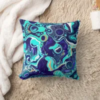 Blue Teal Ocean Swirls Fluid Art   Throw Pillow