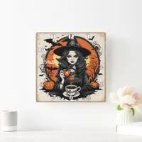 Spooky witch brewing potions on Halloween night Square Wall Clock