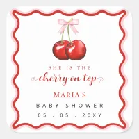 Cherry on Top Coquette Pink Bow Girl Baby Shower Square Sticker