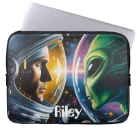 Alien and Astronaut in Space Personalized Laptop Sleeve