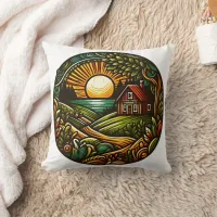 Cozy cabin at sunset in a vibrant landscape throw pillow