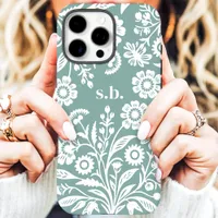 Retro Wildflower Dusty Teal Floral Monogram iPhone 16 Pro Max Case