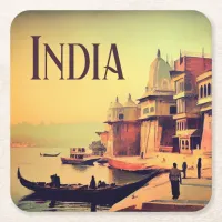 Varanasi India Vintage Painting Square Paper Coaster