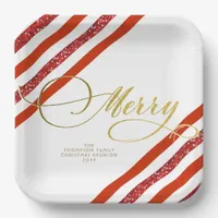 Gold Script Glitter Red White Family Christmas Paper Plates