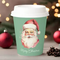 Green Vintage Retro Santa Claus Merry Christmas Paper Cups