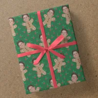 Custom Face Photo Gingerbread Men Christmas Holly Wrapping Paper