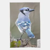 Cute Blue Jay Songbird on Treestump Kitchen Towel