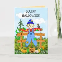 Happy Halloween  Whimsical Scarecrow and Pumpkins Card