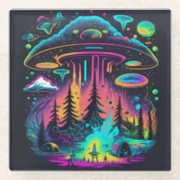 Neon UFO and Alien Scene Psychedelic Art Glass Coaster