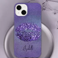 Modern Glam Purple Glittery Kiss Lipstick Imprint iPhone 14 Case
