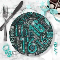 Sweet Sixteen Sparkle Word Cloud Teal ID265 Paper Plates