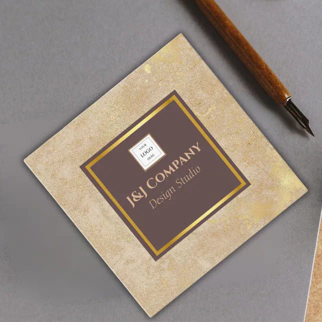 Elegant Gold Texture Brown Frame Logo Square Business Card