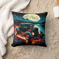 Classic hot rod speeding under the full moon throw pillow