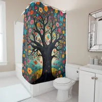 Tree in Bloom, coloured Flowers & butterflies Shower Curtain