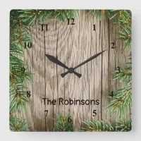 Wood Background with Pine Border Square Wall Clock