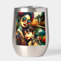Colorful Art Mom and Daughter Asian Flower Garden Thermal Wine Tumbler
