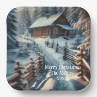 Winter Log Cabin on a Snowy Day Christmas Paper Plates