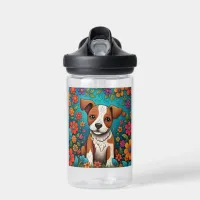 Cute Puppy with Whimsical Folk Art Flowers Water Bottle