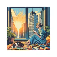 Morning Time in the City | Woman Reflecting Metal Print