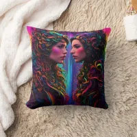 Colorful Twin Portraits With Curly Hair Design Throw Pillow