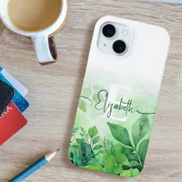 Green Watercolor Leaf Elegant Script Monogrammed iPhone 15 Case