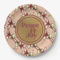 Peace & Joy, Pink Burgundy Gold Christmas Paper Plates