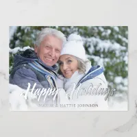 Casual Modern Script Happy Holidays Winter Photo Foil Holiday Card