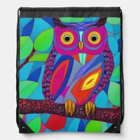 Whimsical Owl with Colorful Feathers Drawstring Bag