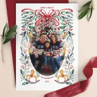 Merry & Bright Red Bow Floral Christmas Photo Holiday Card