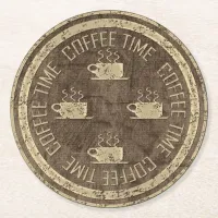 Coffee Time Gold on Brown Round Paper Coaster