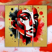 Red, black and white Abstract Face on gold | Triptych