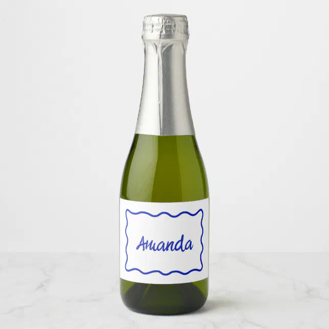 Wavy Border Handwritten Name Blue Mini Champagne Sparkling Wine Label
