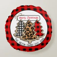 Leopard, Gingham and Buffalo Plaid Christmas Trees Round Pillow