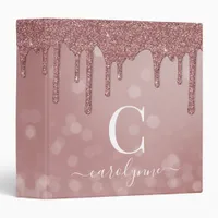 Chic Rose Gold Glitter Drips Shiny Bokeh Monogram 3 Ring Binder