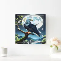 Eagle Perched on a Branch Under Full Moon Square Wall Clock